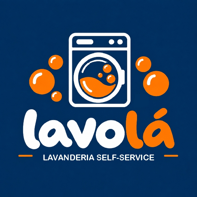 Lavolá Lavanderia Express – logo com máquina de lavar e bolhas laranja